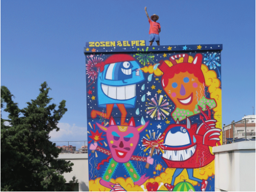 street art mural with artists in Barcelona