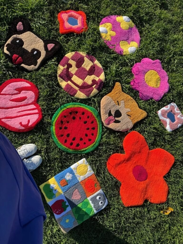 TUTU Studio Barcelona - handmade rugs made in creative workshop on display in the grass